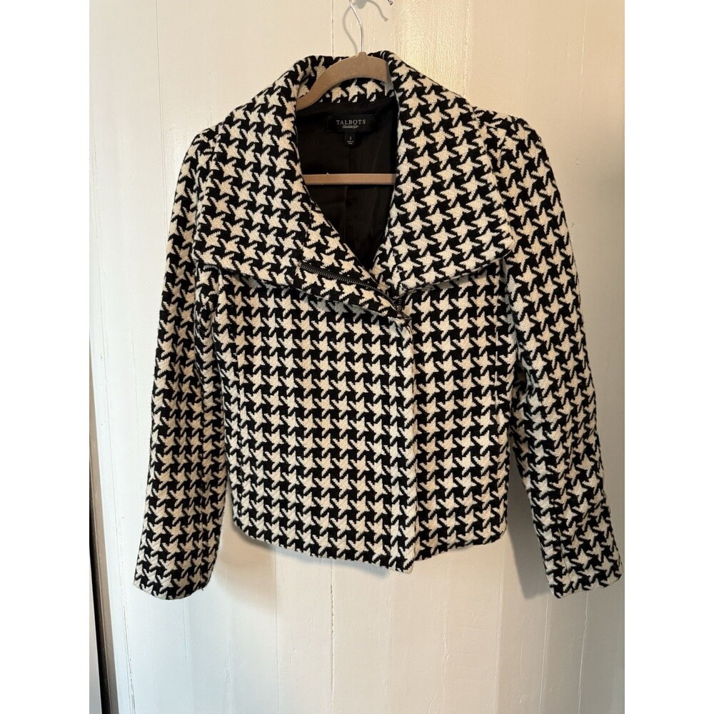 Talbots Wool Blend Houndstooth Moto Zip Jacket Size 2 Black And White
